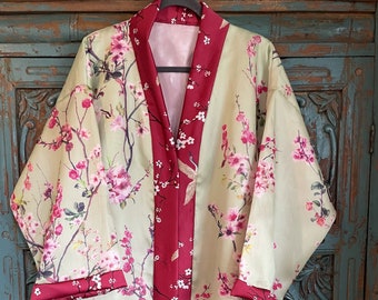 A Pastoral Green Silk Robe in a Sublime Cherry Blossom Print