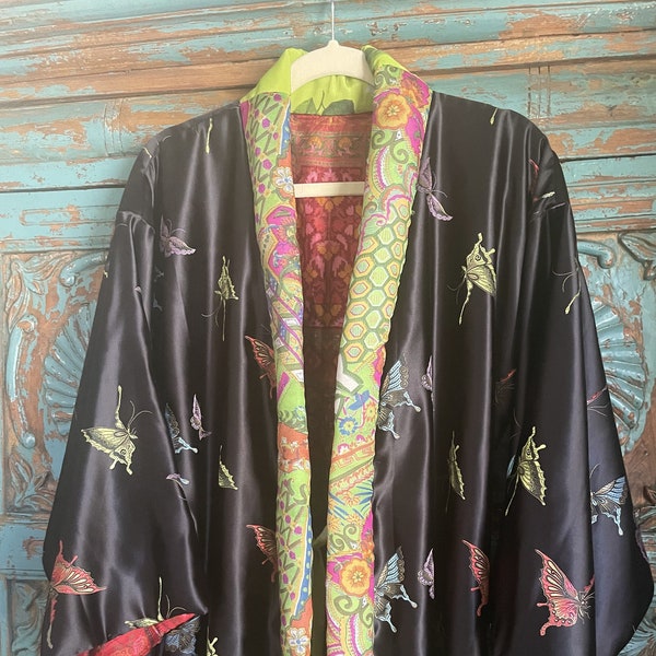 Gorgeous Black Silk Brocade Kimono Jacket with Butterflies