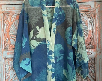 One of  A Kind Silk Kimono Jacket in a myriad shades of Blue