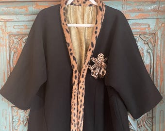 Vintage Inspired Black wool Coat with Faux  Fur Trim and Silk Lining