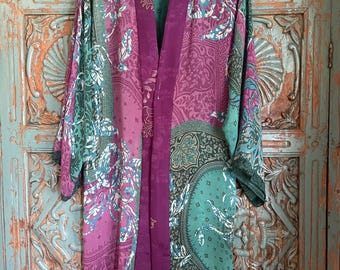 Vintage Silk Kimono Jacket in Art Nouveau  Print