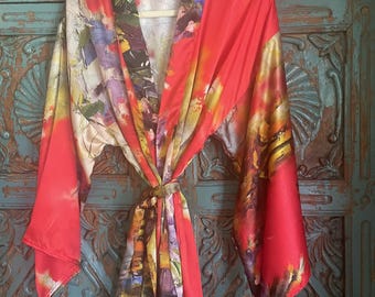 Abstract Red Satin Silk Kimon Jacket