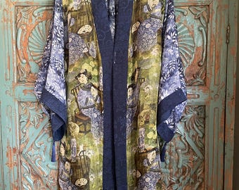 One of a Kind Silk Kimono Jacket in Mixed Antique Fabrics