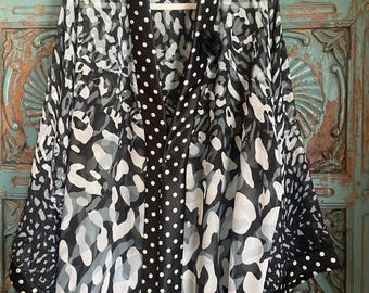 Sophisticated Black and White  Abstract Animal Print Silk Kimono jacket