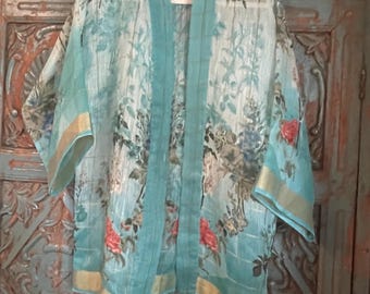Airy Turquoise Linen and Silk Kimono Jacket