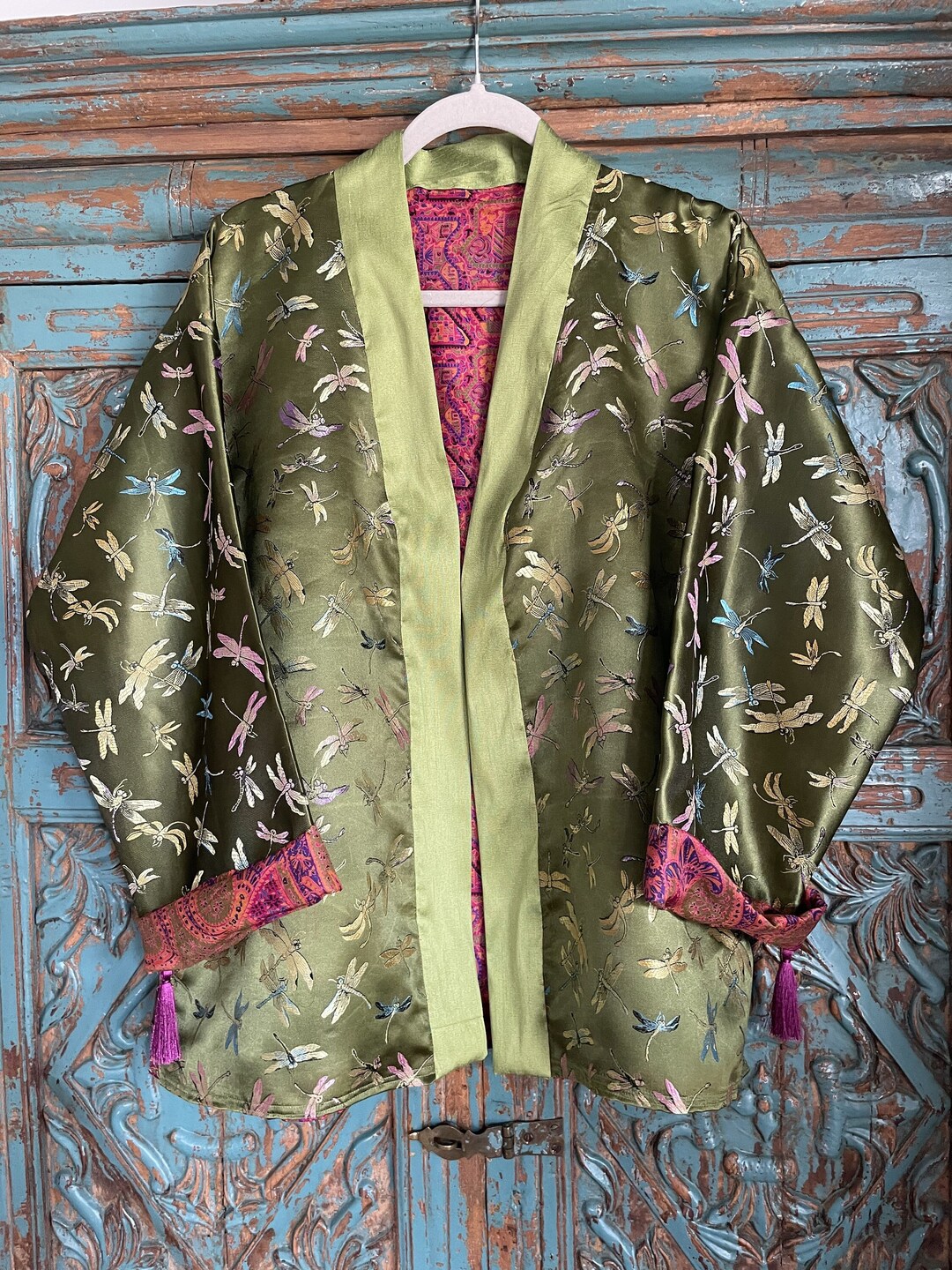 Vintage Silk Victorian Rose Evening Kimono - Moss Green main image 0