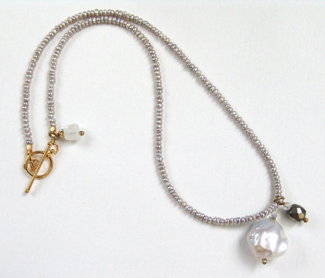 Delicate Silver Seed Pearl Necklace With a Baroque and Onyx Pendants - Etsy
