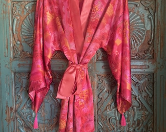 Fuchsia and Orange Sunburst Satin Silk Kimono Jacket