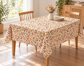 Könnte beinhalten: Eine rechteckige Tischdecke mit einem sich wiederholenden Muster aus herbstfarbenen Wildblumen, Blättern und Gräsern in Orange-, Gelb- und Grüntönen auf cremefarbenem Grund, drapiert über einen Holztisch mit zwei passenden Stühlen.