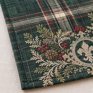 May include: A dark green fabric placemat featuring a plaid pattern with thin red and white lines. The design includes a printed illustration of pine branches, small red berries, a brown pinecone, and a gold-toned fleur-de-lis emblem.