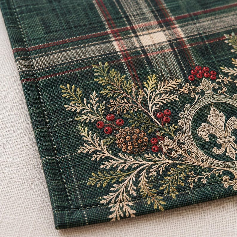 May include: A dark green fabric placemat featuring a plaid pattern with thin red and white lines. The design includes a printed illustration of pine branches, small red berries, a brown pinecone, and a gold-toned fleur-de-lis emblem.