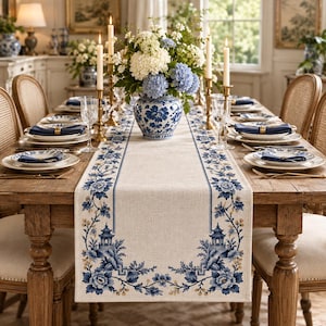 Blue Chinoiserie Table Runner, Grandmillennial Table Decor, Blue White Floral Runner, French Country Dining Table Decor, Housewarming Gift
