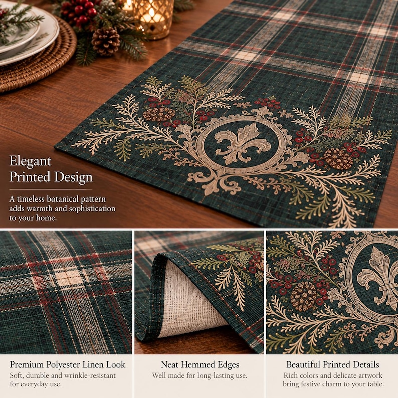 May include: A dark green table runner featuring a plaid pattern with thin red and white lines. The runner displays a printed botanical design with pine branches, red berries, and a central gold-toned emblem with a fleur-de-lis motif.