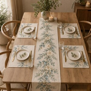 May include: A rectangular table runner and four matching rectangular placemats made of light beige fabric. The set features a printed botanical pattern of white flowers and blue-green eucalyptus leaves. Each placemat holds a white plate and cutlery.