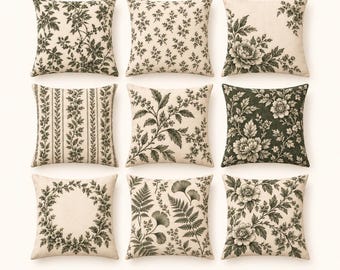 Könnte beinhalten: Ein Set aus neun quadratischen Dekokissen, die in einem Raster angeordnet sind. Jedes Kissen hat einen cremefarbenen Hintergrund mit dunkelgrünen botanischen Mustern, darunter Blumenarrangements, Blattmotive, Streifen und kreisförmige Kränze.