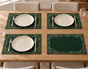 Christmas Placemat Set, Dark Green Botanical Cedar & Red Berry Holiday Table Decor, Elegant Winter Dining Mat, Set of 4 or 6