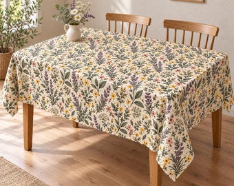 Könnte beinhalten: Eine rechteckige Tischdecke mit cremefarbenem Hintergrund und einem wiederkehrenden botanischen Druck aus violetten Lavendelzweigen, kleinen gelben Wildblumen und grünem Blattwerk. Darauf steht eine weiße Keramikvase mit Blumen.