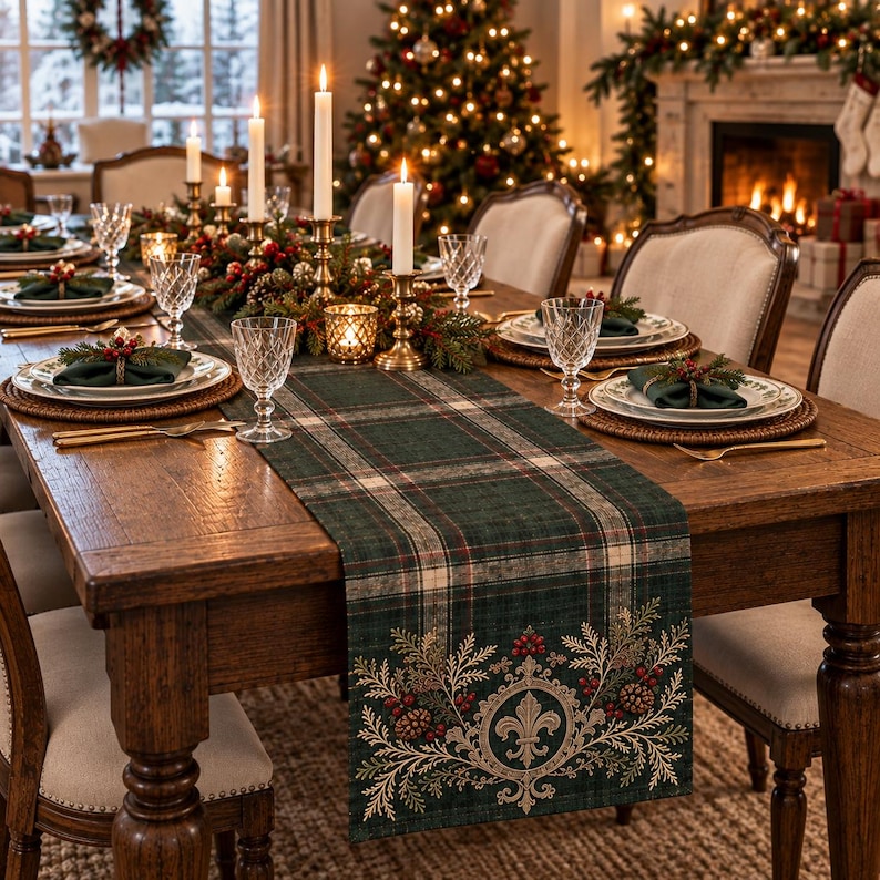 May include: A dark green plaid table runner featuring a central fleur-de-lis emblem surrounded by embroidered pine branches, red berries, and pinecones. The runner is laid across a wooden dining table set with white plates, napkins, and candles.