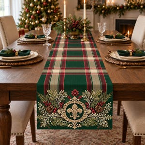 Christmas Plaid Table Runner, Dark Green Tartan Runner, Vintage Botanical Holiday Table Decor, Winter Dining Table Runner