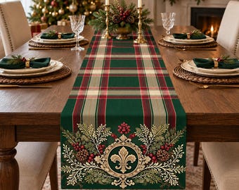 Christmas Plaid Table Runner, Dark Green Tartan Runner, Vintage Botanical Holiday Table Decor, Winter Dining Table Runner