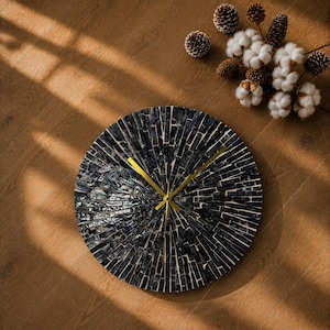 Black Mother of Pearl Mosaic Clock, Handmade Shell Wall Decor, Silent Non-Ticking Gold Hands