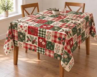 Könnte beinhalten: Eine rechteckige Tischdecke mit einem Patchwork-Design aus abwechselnden Quadraten. Das Muster umfasst rot-grüne Karos, weiße Quadrate mit Blumenmotiven und grüne Quadrate, die mit Tannenzapfen, Stechpalmenblättern und roten Beeren verziert sind.