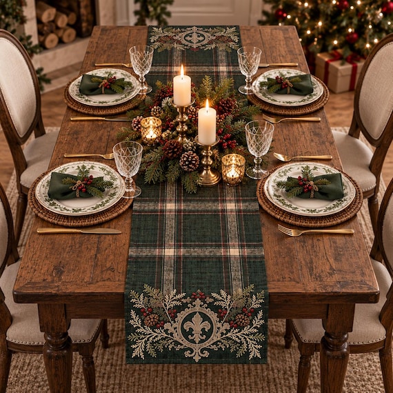 Christmas Plaid Table Runner, Dark Green Tartan Runner, Vintage Botanical Holiday Table Decor, Winter Dining Table Runner