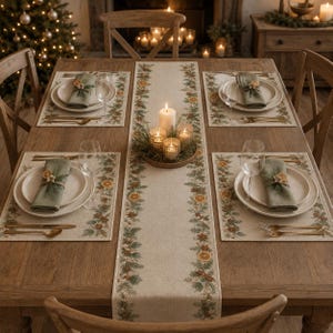 Pode incluir: Um caminho de mesa bege e quatro jogos americanos a condizer com um padrão estampado de ramos de pinheiro verdes, fatias de laranja seca e paus de canela. Cada lugar inclui um prato branco, um guardanapo verde sálvia e um copo.