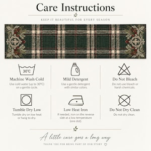 May include: A rectangular table runner featuring a dark green, red, and cream plaid pattern with decorative floral and fleur-de-lis motifs at each end. The image includes care instructions with icons for machine washing at 30&deg;C, mild detergent, no bleach, tumble dry low, low heat iron, and no dry cleaning.