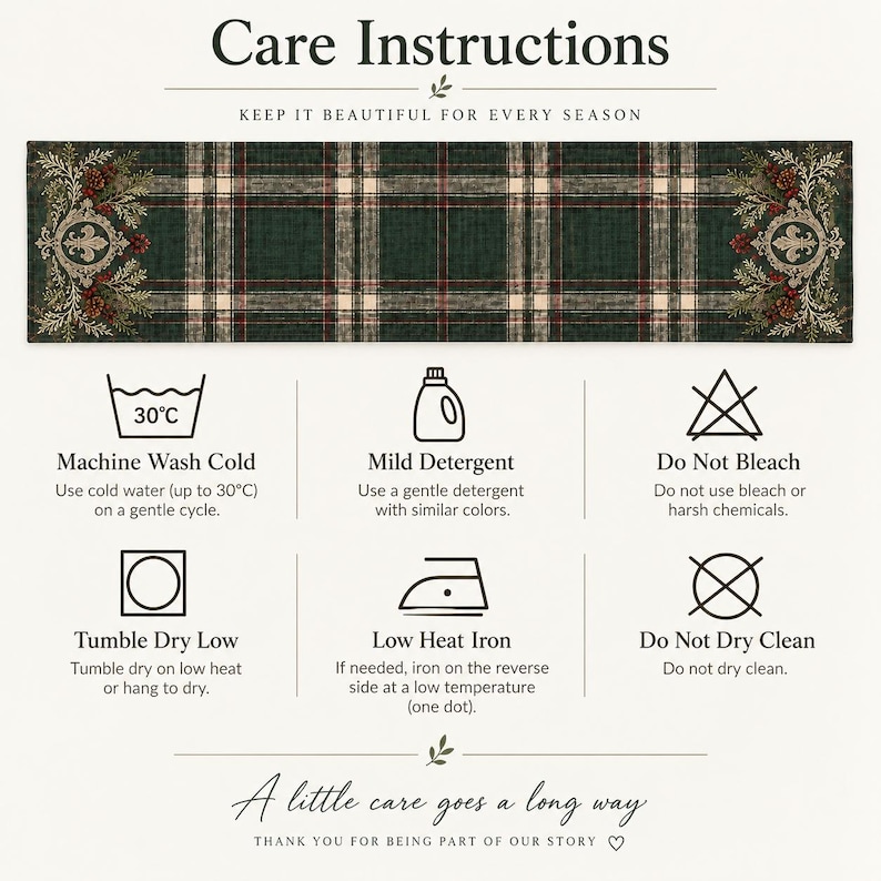 May include: A rectangular table runner featuring a dark green, red, and cream plaid pattern with decorative floral and fleur-de-lis motifs at each end. The image includes care instructions with icons for machine washing at 30&deg;C, mild detergent, no bleach, tumble dry low, low heat iron, and no dry cleaning.