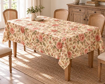 Könnte beinhalten: Eine rechteckige Tischdecke mit cremefarbenem Untergrund und einem wiederkehrenden Muster aus rosa Rosen, grünen Blättern und kleinen floralen Akzenten. Der Stoff liegt auf einem hölzernen Esstisch, der von vier passenden Stühlen umgeben ist.