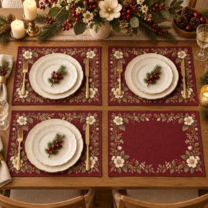 May include: A set of four rectangular placemats in deep red featuring a border of white flowers, green leaves, and red berries. Each setting includes a white plate topped with a sprig of greenery and red berries, a gold fork, and a gold knife.