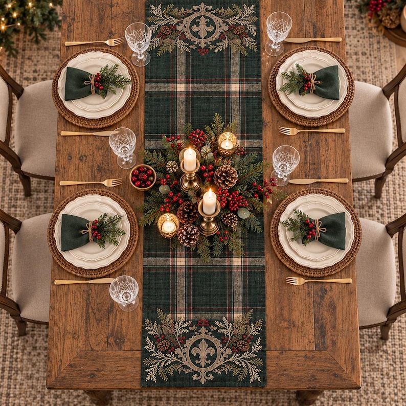 May include: A wooden dining table set for four with a dark green plaid table runner featuring gold fleur-de-lis embroidery. Each place setting includes a woven charger, white plate, dark green napkin with pine and berries, and gold cutlery.