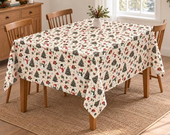 Könnte beinhalten: Eine rechteckige Tischdecke mit cremefarbenem Hintergrund und einem wiederkehrenden Muster aus grünen Weihnachtsbäumen, Schneemännern mit Hüten und Schals, roten Weihnachtssternen und Zuckerstangen auf einem hölzernen Esstisch mit vier Stühlen.