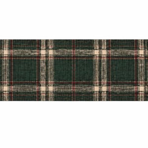 May include: A rectangular table runner featuring a dark green, cream, and red plaid pattern. Each end is decorated with a beige fleur-de-lis emblem surrounded by green pine branches, brown pinecones, and small red berries on a dark green background.