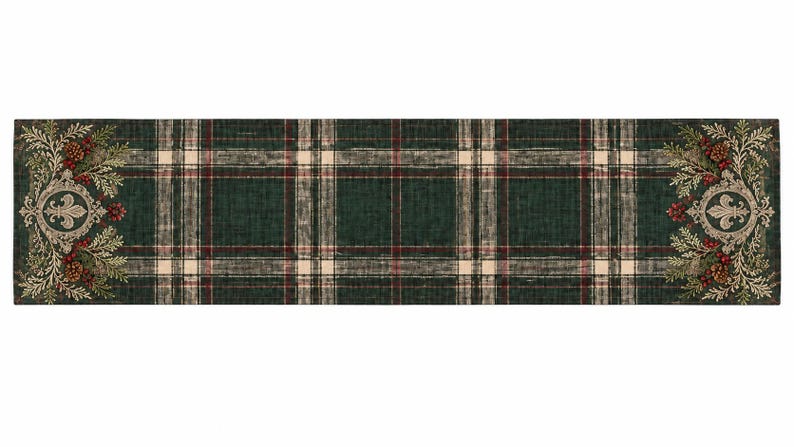 May include: A rectangular table runner featuring a dark green, cream, and red plaid pattern. Each end is decorated with a beige fleur-de-lis emblem surrounded by green pine branches, brown pinecones, and small red berries on a dark green background.