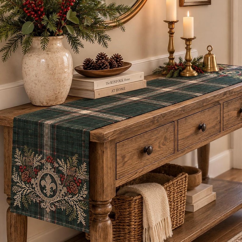 May include: A dark green plaid table runner featuring a central fleur-de-lis emblem surrounded by pine branches, red berries, and pinecones. The runner is draped over a wooden console table with drawers, a woven basket, and brass candle holders.