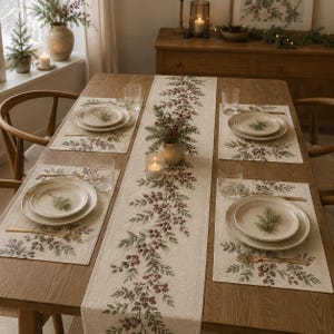May include: A beige table runner and four matching rectangular placemats featuring a printed pattern of green pine branches and red berries. Each place setting includes a white ceramic plate, a clear glass, and a gold-toned metal fork.