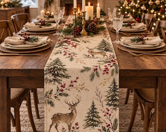 Chemin de table de Noël, Décoration de table de Noël avec cerfs des bois, Chemin de table botanique avec rennes, Décoration de table de Noël rustique et élégante