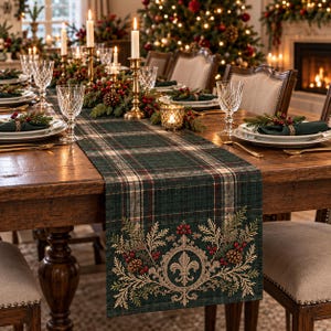 May include: A dark green plaid table runner featuring a central embroidered fleur-de-lis emblem surrounded by pine branches, red berries, and pinecones. The runner is laid across a wooden dining table set with crystal glasses and white plates.