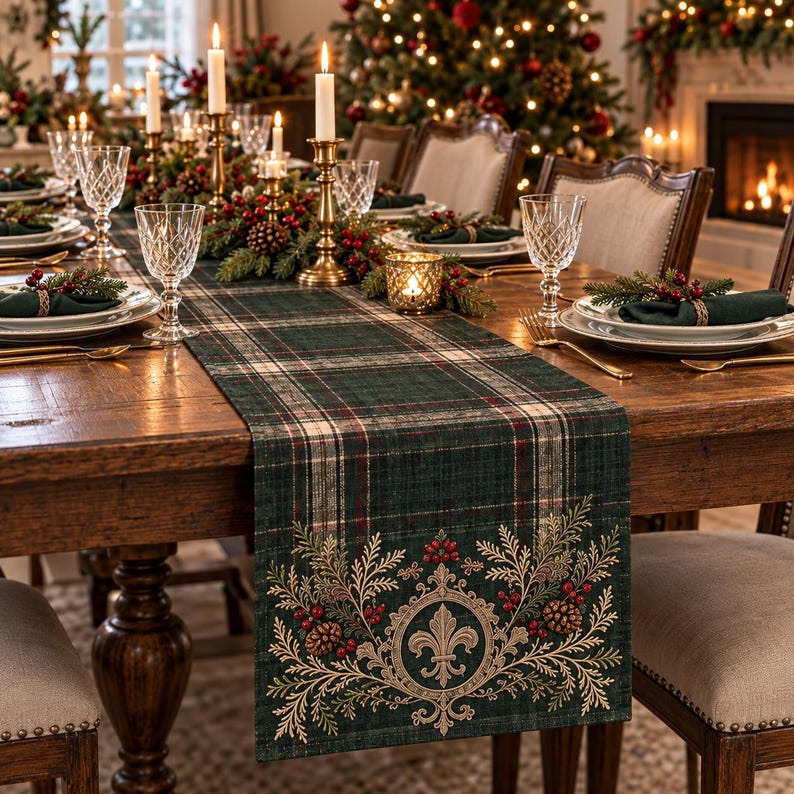 May include: A dark green plaid table runner featuring a central embroidered fleur-de-lis emblem surrounded by pine branches, red berries, and pinecones. The runner is laid across a wooden dining table set with crystal glasses and white plates.
