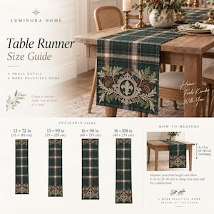 May include: A dark green plaid table runner featuring a central fleur-de-lis emblem surrounded by pine branches and berries. The image includes a size guide with dimensions ranging from 13 x 72 inches to 16 x 108 inches and measuring instructions.