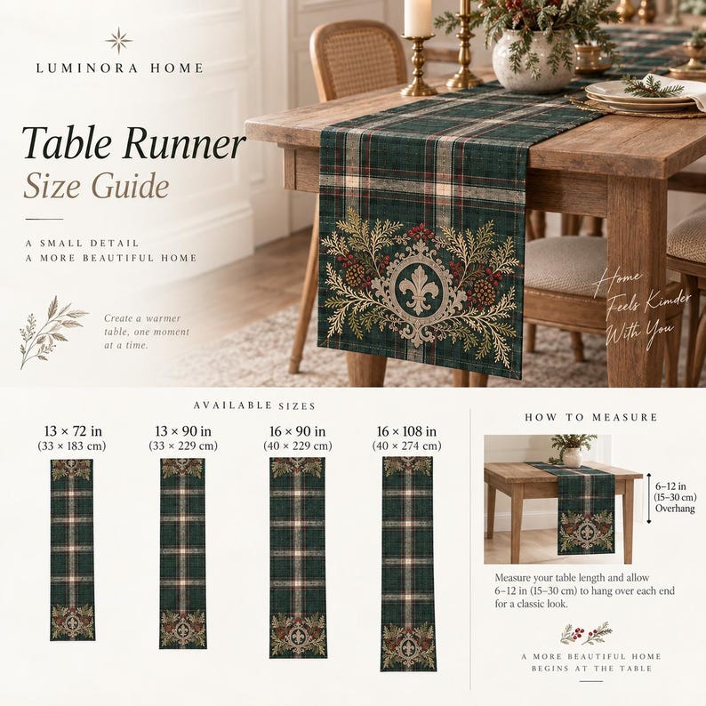 May include: A dark green plaid table runner featuring a central fleur-de-lis emblem surrounded by pine branches and berries. The image includes a size guide with dimensions ranging from 13 x 72 inches to 16 x 108 inches and measuring instructions.