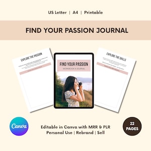 Find Your Passion Workbook & Journal, Editable Canva Template, Self Discovery Journal,  Life Purpose Planner, Personal Growth Guide, MRR PLR