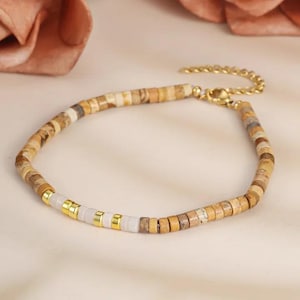Natural Picture Jasper White Cat Eye Beaded Bracelet, Dainty Earth Tone Stackable Bracelet,Minimalist Gold Heishi Stone Bracelet for Womens