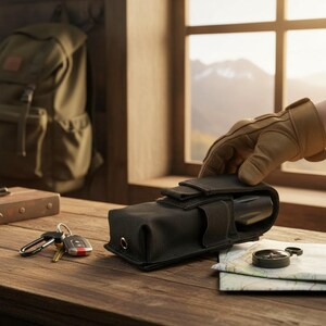 May include: A black flashlight holster with a flap closure. The holster is on a wooden surface with keys, a compass, and a map. A hand wearing a tan glove is holding the holster. A green backpack is in the background.