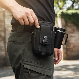 May include: Black utility belt with multiple compartments and a buckle closure. A black insulated mug with a handle is attached to the belt. The person is wearing dark green cargo pants and a black shirt.