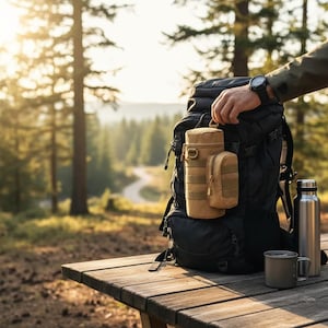 May include: A black rucksack with a tan water bottle holder and a small pouch attached. A stainless steel water bottle and a metal mug sit on a wooden picnic table. The scene is set outdoors with a forest backdrop.