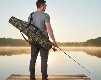 Large Camouflage Fishing Rod Case Bag, 2-Layer Tackle Storage, Double Shoulder Strap