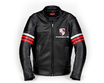 Men’s Black Leather Racing Jacket Porsche Style | Handmade Luxury Cafe Racer Biker Motorcycle Coat | Motorsport Streetwear Premium Jacket